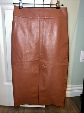 Babaton Faux Leather Midi Pencil Skirt in Rust Brown